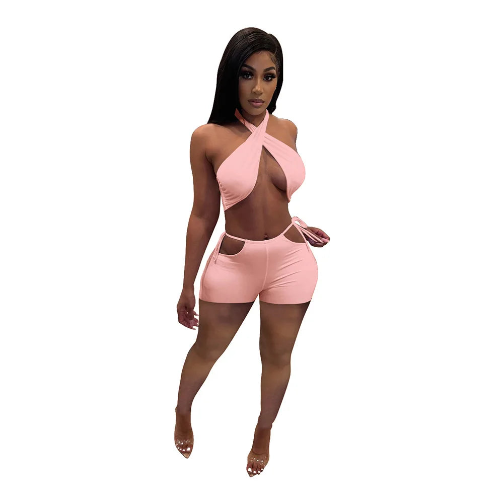 NEW Arrivals 2PCS Set 9 Colors Women Sexy Ruched Bandage Criss Cross Solid Hot Women Spring Summer Backless Evening Beach Party Night Club Crop Top and Shorts Matching Set