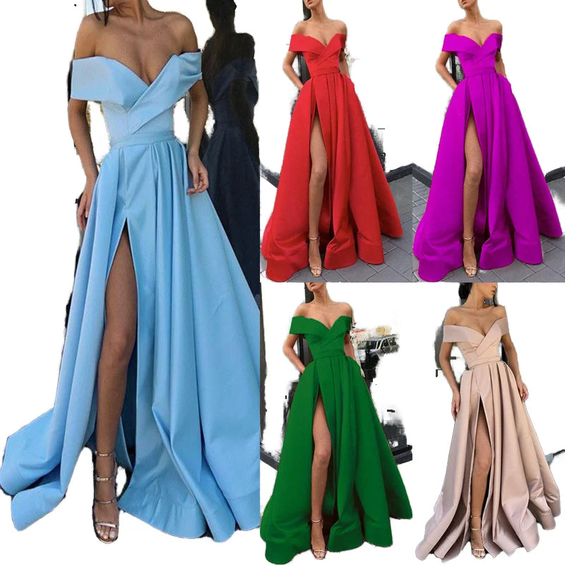 5 Colors Women Sexy V-Neck Evening Party Night Clubwear Long Maxi Dress Solid Elegant Sleeveless High Slit Dress Lady Fashion Off Shoulder Pleated Gown Ladies Sexy Apparel Supplies