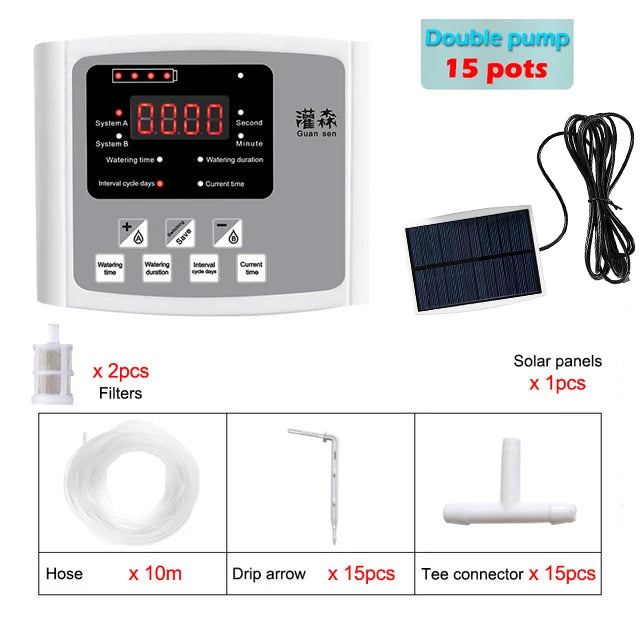 NEW Arrivals Garden Drip Irrigation Device Double Pump Controller Timer System, Solar Energy Intelligent Automatic Watering Device for Plants Trees Flowers Garden Watering Accessories