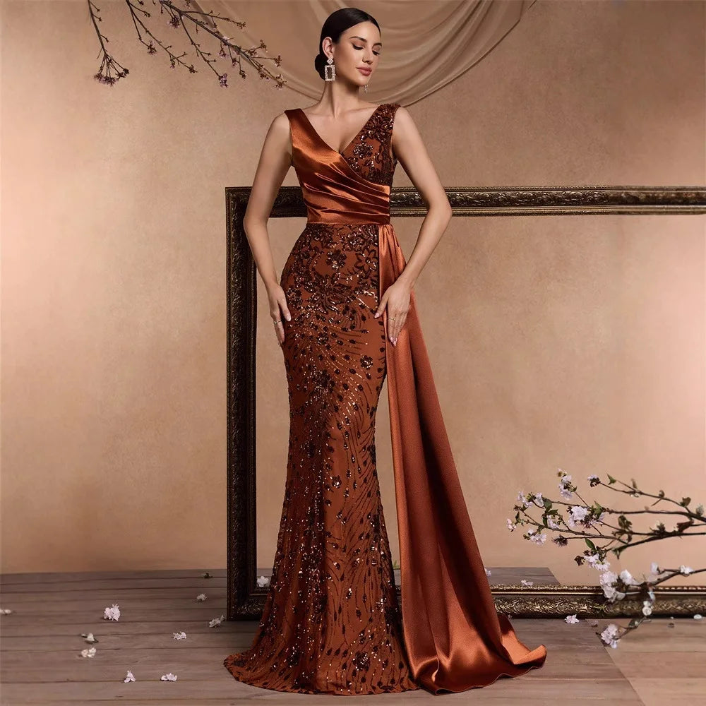 Mother of the Bride S-2XL Women's Luxury Satin Gowns for Women Evening Dresses Elegant V-Neck Sleeveless Sequin Mermaid Bridesmaid Dresses Wedding Party Dress Ladies Luxury Apparel Supplies