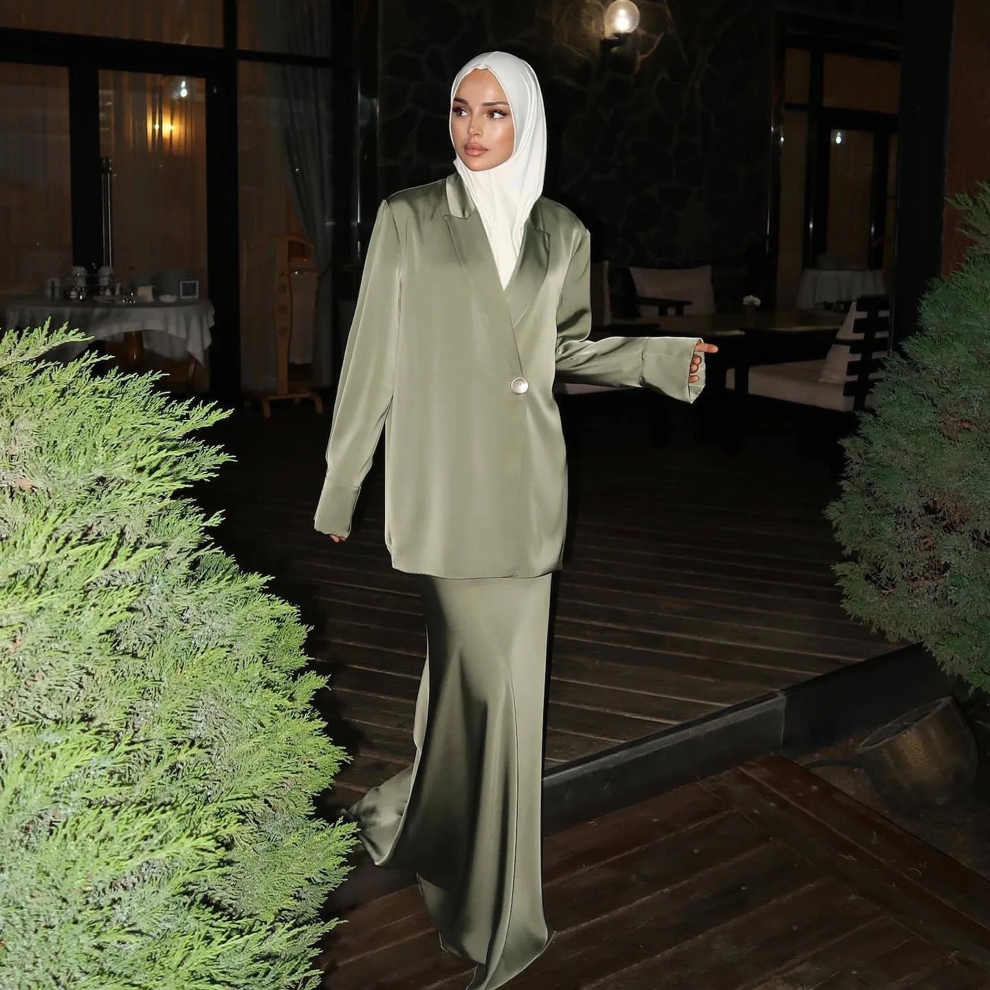 5 Colors XS-3XL Plus Size Islamic Middle East Women's Luxury Satin Dress Suit  Loose High Waist Modest Abaya Set Ankle Length Long Sleeve Elegant Fishtail Wedding Guest Birthday Evening Party Maxi Gowns Muslim Women's Clothin