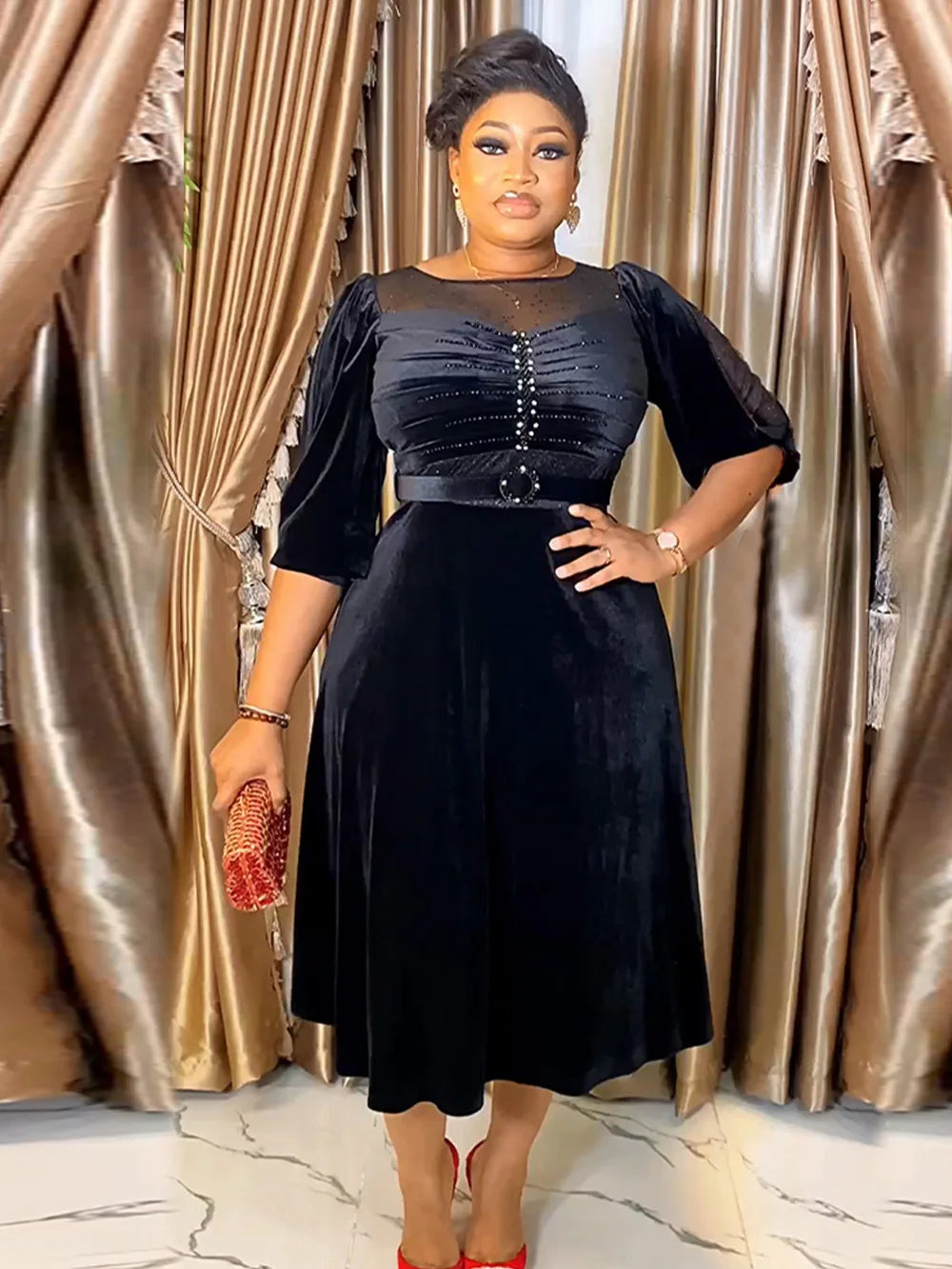 4 Colors L-3XL Plus Size African Ladies Luxury Velvet Wedding Guest Evening Prom Party Dresses New Dubai Evening Gown Dashiki Ankara Turkey Velvet Outfits Formal Gown African Women Luxury Apparel Supplies