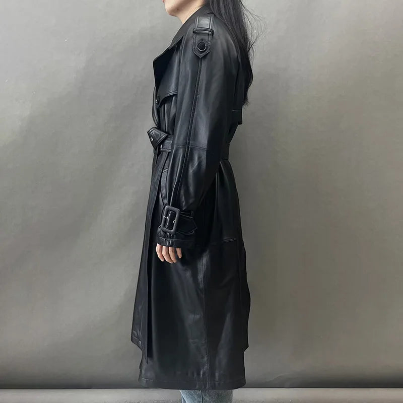 Boutique Gala HOT SALE Dark Brown/White/Black Color Winter Luxury Long Women Genuine Sheep Leather Jacket Women Trench Coat Office Lady Business Evening Party Outerwear Coats Ladies Luxury Apparel Supplies