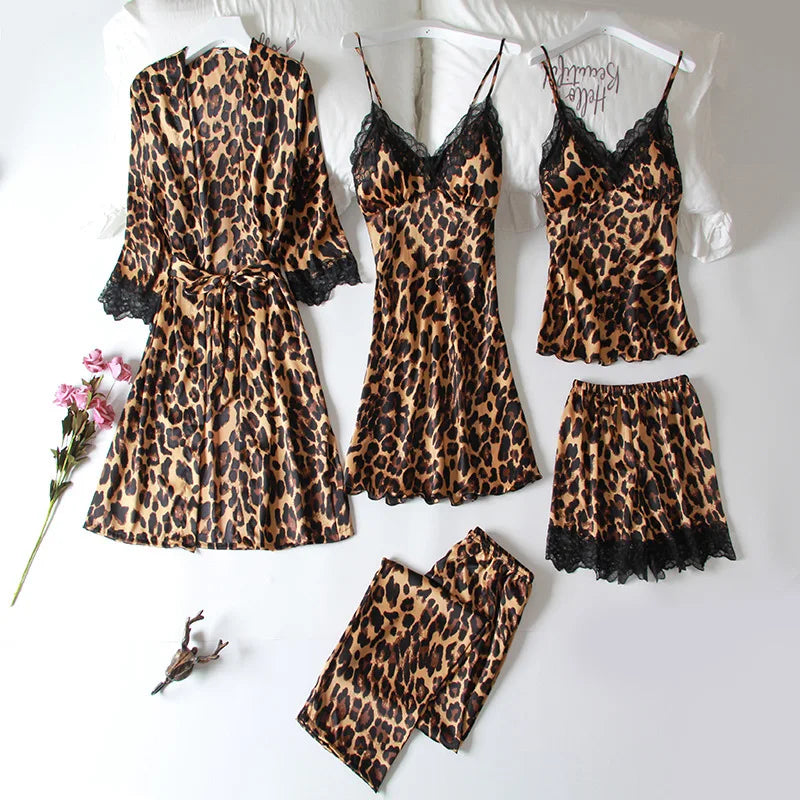 Low-Price Sales are Limited NEW Arrivals Summer 5 Pcs Set Women Pajamas Satin High Quality Sexy Leopard Sleepwear With Chest Pad Pajamas Suit Girls Ladies Luxury Fashion Lingerie Apparel Products