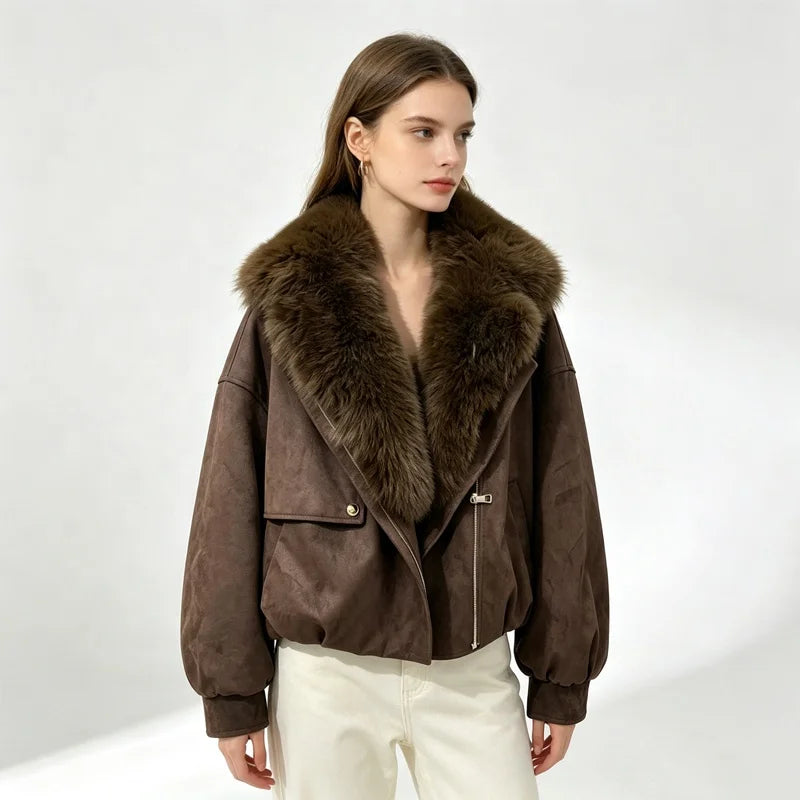 NEW Arrivals 4 Colors S-2XL Women's Autumn Winter Warm Brown Artificial Suede Biker Jacket Oversized Faux Fur Collar Asymmetric Zip Cropped Coat Women's Faux Fur Coats Winter Outerwear Coats