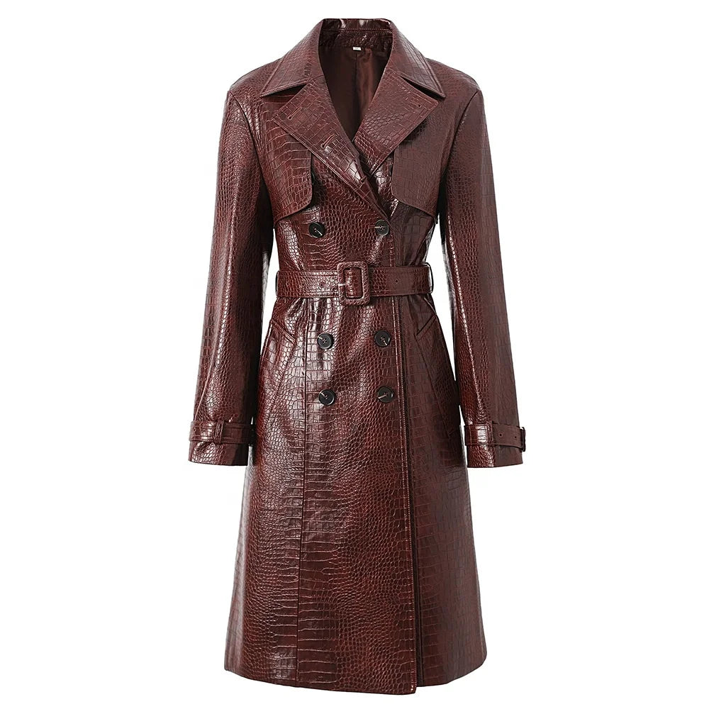 NEW Top Quality Women's Elegant Lace-Up PU Leather Windbreaker Leather Trench Coats Long Winter Outerwear Long Jackets for Night Club Prom Evening Party Ladies Luxury Apparel Supplies