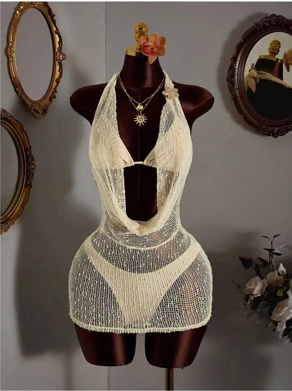 NEW Arrivals 3 PCS Set Beige/Black/White Color Luxury Silk Textured Women's Deep V-NECK Sheer Beach Dress Triangle Top Bikini See Through Cover Up Mini Dress Ladies Bathing Summer Apparel Supplies