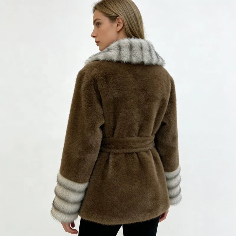 Black/Beige/Brown Color S-2XL Women's Premium Top Quality Artificial  Fur Coat Contrast Striped Wide Lapels Waist-Cinching Slim Fit Adjustable Waistline Eco-Friendly Thick Outerwear Jackets Ladies Luxury Clothing Supplies
