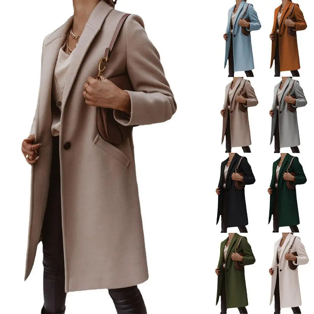 8 Colors S-3XL Women's Autumn Winter Fashion Top Quality Solid Coat Polo Mid Long Button Woolen Coat Single Button Pocket Trench Coat Outerwear Warm Windproof Jackets Ladies Winter Clothing Supplies.