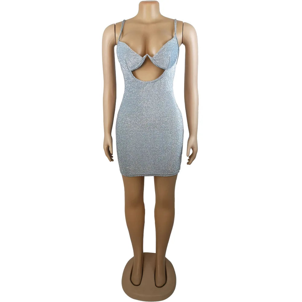 Black/Pink/Gray Color Women Sexy Bling Glitter Sequin Women Strap Mini Dress V-Neck Hollow Out Bodycon Sexy Streetwear Autumn Winter Spring Evening Night Club Party Slim Mini  Dress Ladies Sexy Clothing Supplies