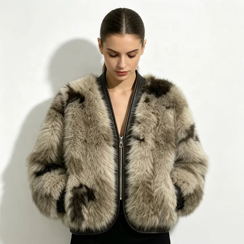 NEW Arrivals Women's Faux Fox Fur Bomber Jacket PU Leather Trim Short Cropped Winter Warm Fluffy Coat Casual Outerwear Women's Faux Fur Coats