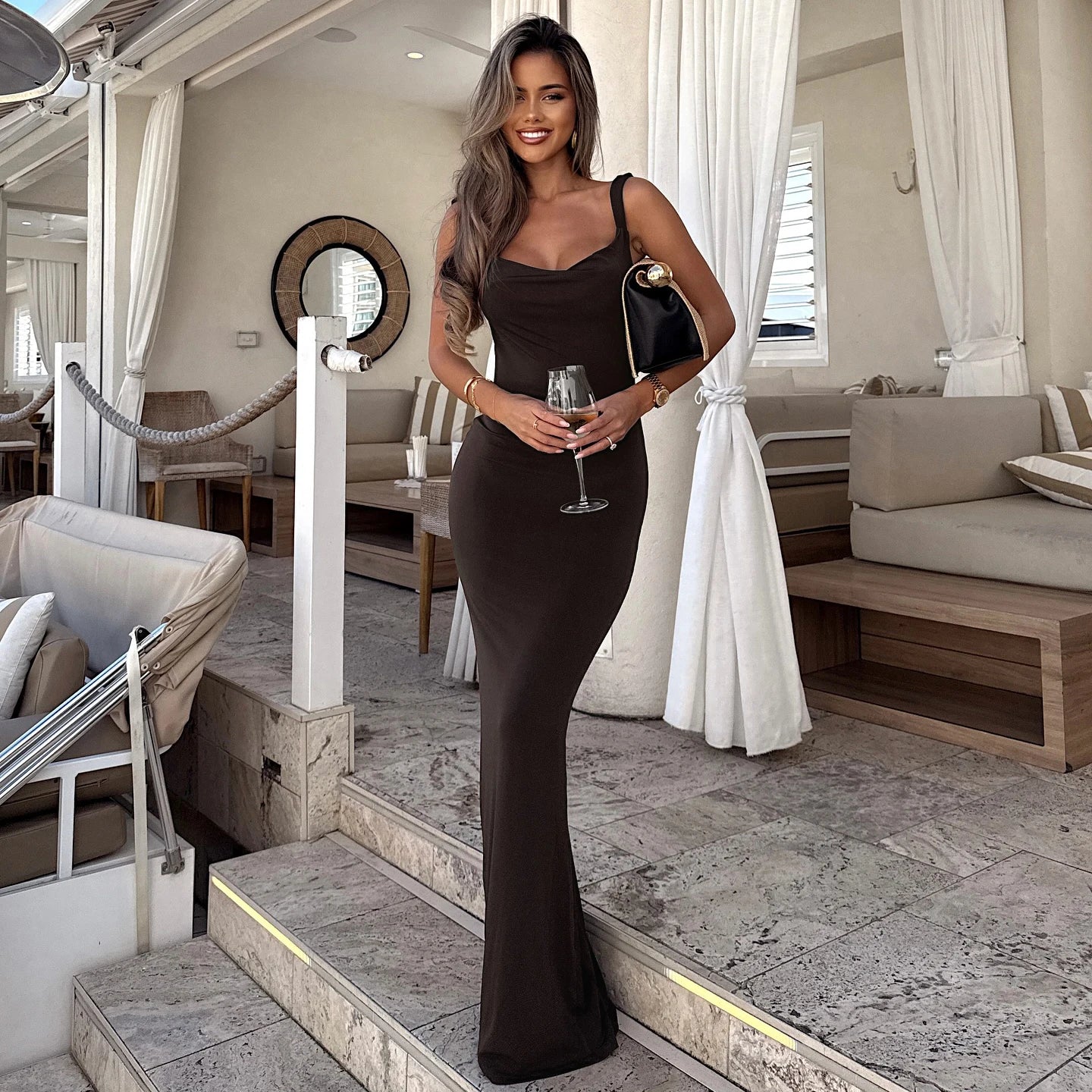 NEW Women's Sexy Draped Neck Square Neck Sleeveless Backless Slim Fishtail Dress Sexy Elegant Vacation Evening Beach Party Simple Solid Color Floor-Length Night Clubwear Maxi Dress