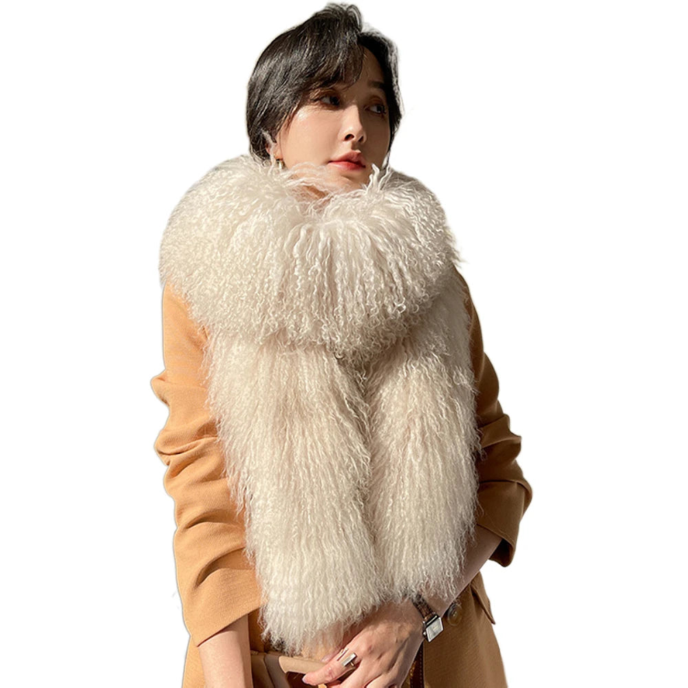175cm Long 4 Colors Top Quality Mongolian and Tibet 100% Natural Sheep Fur 175cm Big Shaggy Scarf Double-Sided Long Thickened Winter Whole Skin Real  Fur Collar Evening Business Party Prom Ladies Luxury Apparel Accessories.
