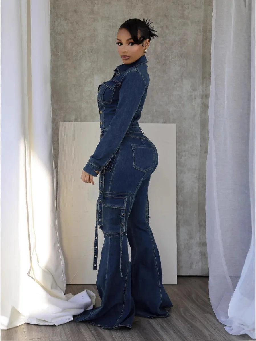 S-2XL Women Slim-Fit Flared Pants Multi-Pocket Denim Jean Jumpsuit Fashion Streetwear Bodysuit Casual Apparel Women Clothing Supplies
