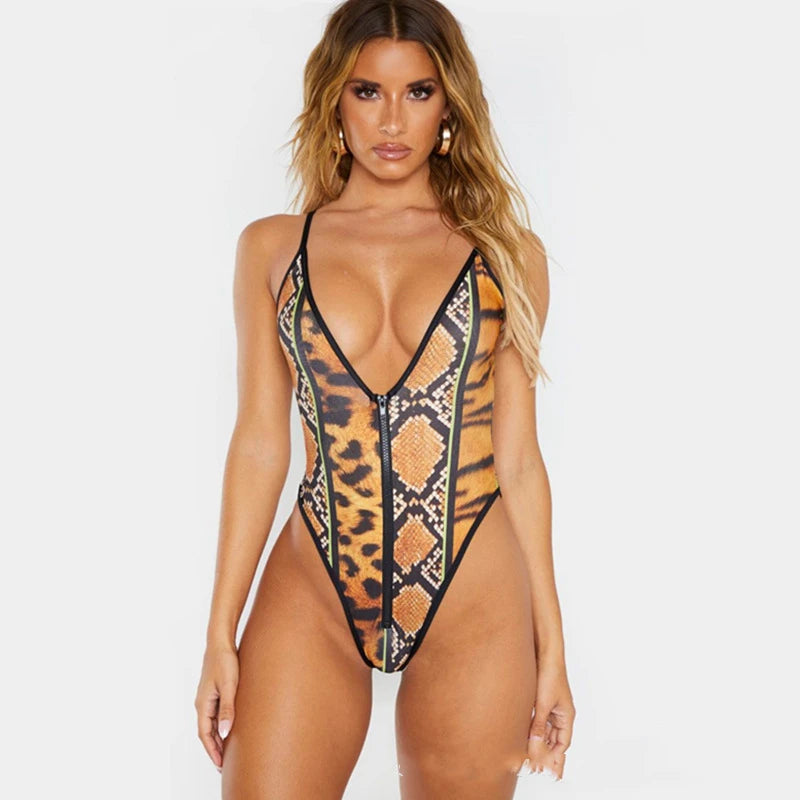 S - 5XL One Piece Swimsuit Sexy Leopard Snakeskin  Zipper Plus Size Swimwear Women Bodysuit Bathing Suit Swim Wear Bikini