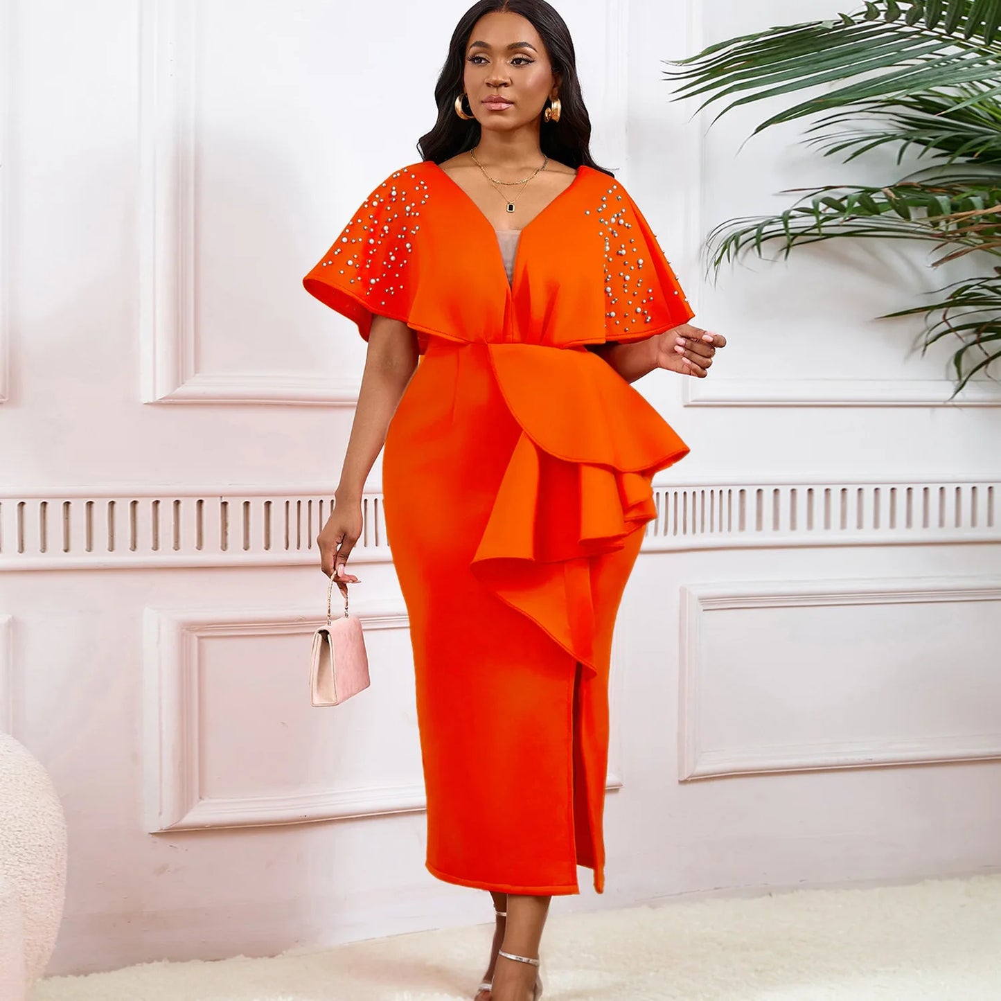 S-3XL Plus Size Women's Latest Design Spring Autumn Summer Sexy Fashion Evening Party Dress Women Sexy V-Neck Ruffle Split Beaded Elegant Evening Dresses Ladies Clothing Supplies