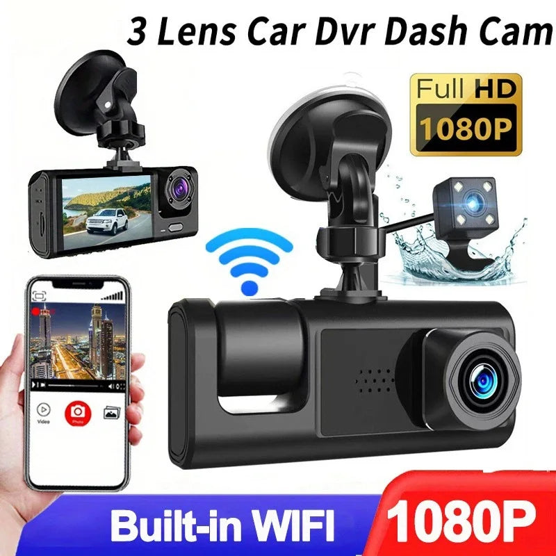 Wi-Fi Three Lens Car Dash Cam Full HD 1080P Night Vision Pedestrian Detector Video Recorder with Rear Camera Compatible DVR Car Camera Built Car Security Supplies