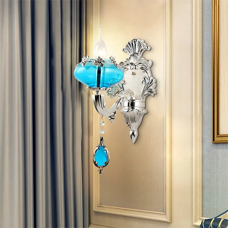 Villa Home Luxury European Blue Crystal Wall Lamp Luxury Living Room Bedroom Bedside Lamp Background Wall Corridor Villa Hotel Lighting.