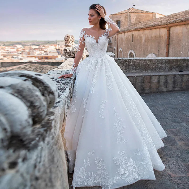 Plus Size V-Neck Luxury Long Sleeves Wedding Dress Customized Dress Wedding Beaded Lace Fabric White Bridal Gowns Modest Long Sweep Train  Wedding Dress