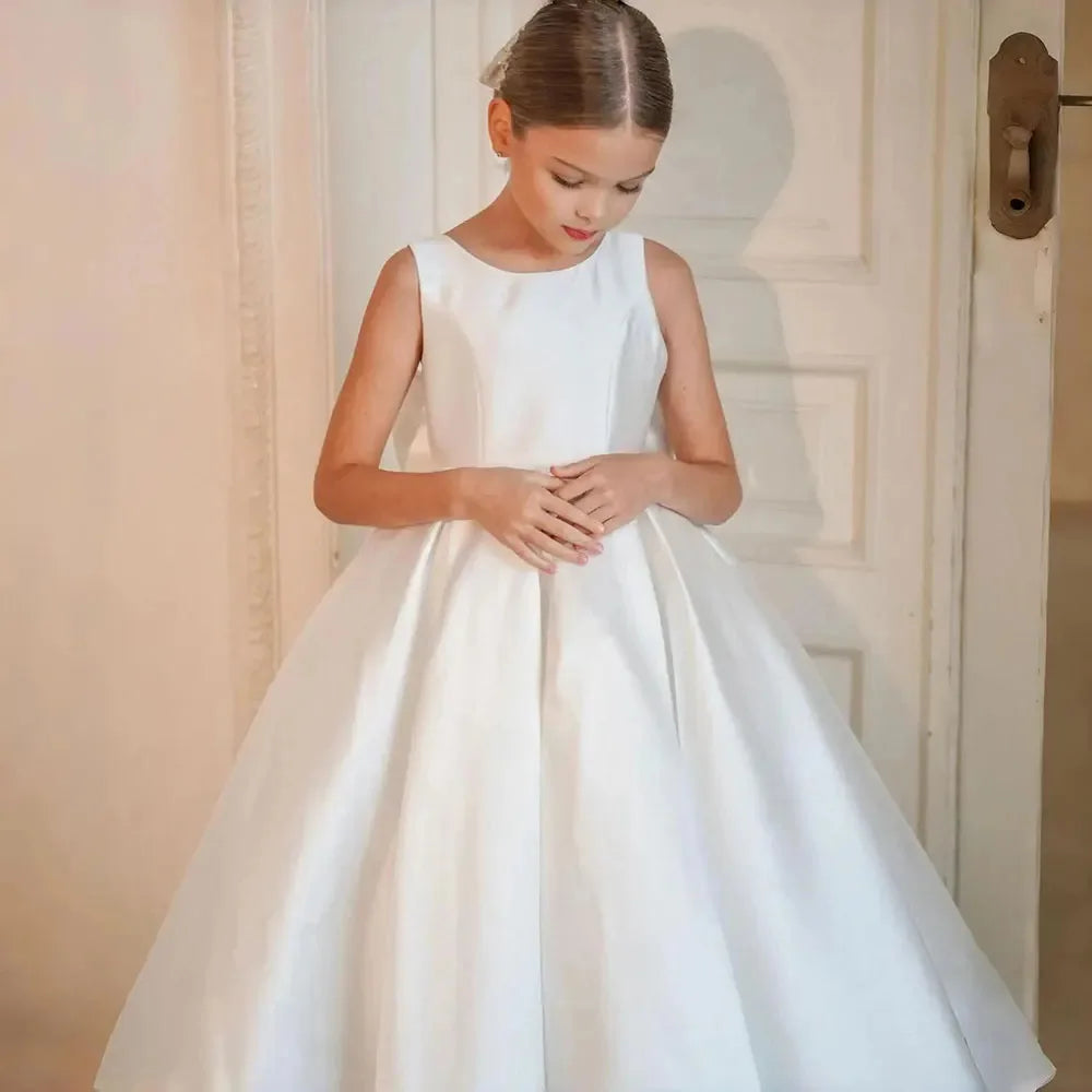 2/13 Years Old White/Pink Color Girls Bridesmaid  Satin Luxury Dress for Girls' Pageant, Wedding Evening Prom Party Birthdays Flower Girl Dress Princess Piano Performance Dress Formal Gowns