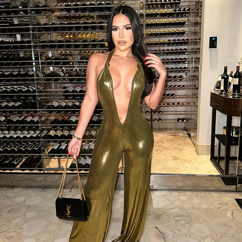 NEW Arrivals Spring Summer Women's Dew Back Hanging Neck Golden Jumpsuit Evening Party Night Clubwear Sexy Bodycon