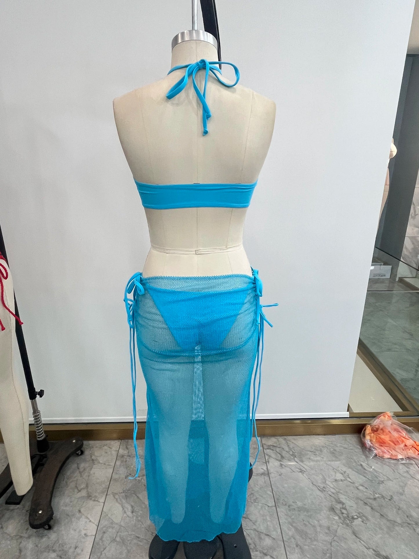 NEW Design 3 PCS Set White/Blue/Yellow Color Women's Swimwear Bandeau Top Brazilian Bikini and Skirt Cover Up Set Beachwear XS-XL Women Summer Bathing Apparel Suits Clothing Supplies