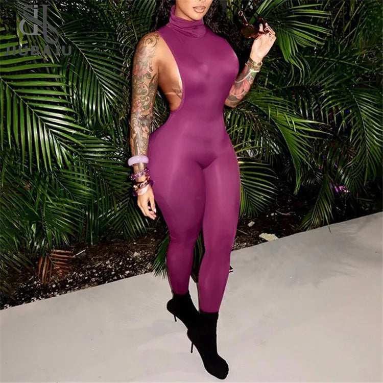 NEW Arrivals Black/Purple/Apricot Color Spring  Summer Women's Sexy Backless Tight Jumpsuit Women Hipster Sexy Turtleneck Backless Skinny One Piece Romper