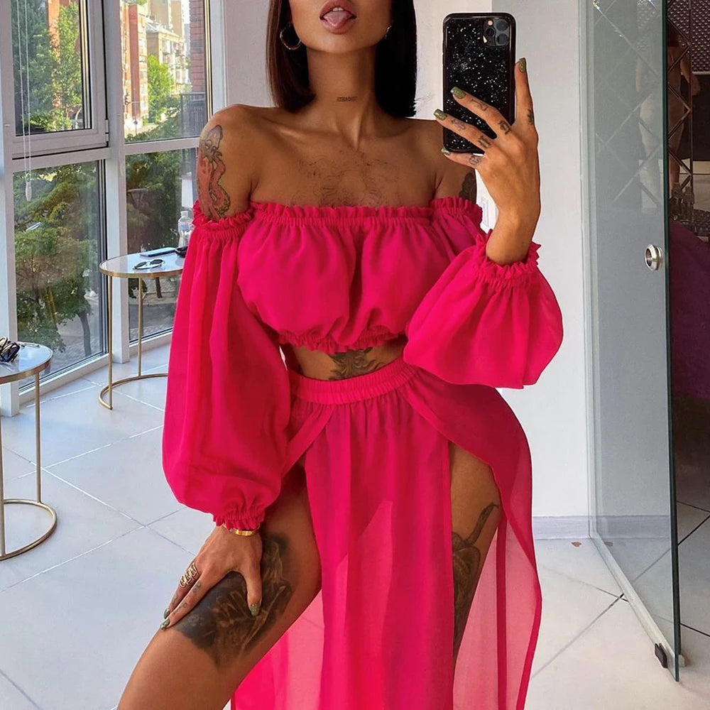 NEW Arrivals 2PCS Set  8 Colors Women Beach Bikini Cover-Ups Swimsuit Off Shoulder Top+ High Waist Dress Sexy Ladies Swimming Cover Up Bathing Suit