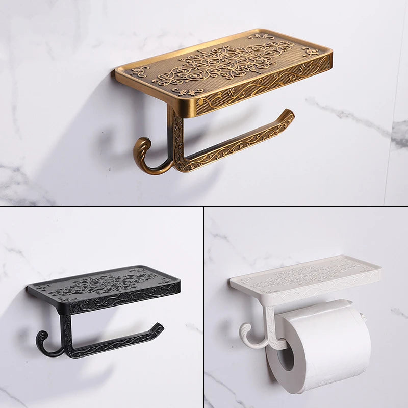 Bathroom Shelves Antique Bronze Carving Toilet Roll Paper Rack with Phone Shelf Wall Mounted Bathroom Paper Holder E654