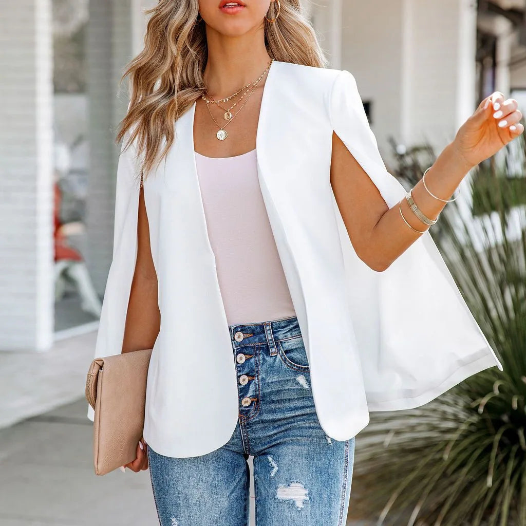 Black/White Color Women Elegant V-Neck Coat Pockets Office Lady Wear Solid Outerwear Female Casual Chic Open Stitch Tops Ladies Clothing Accessories