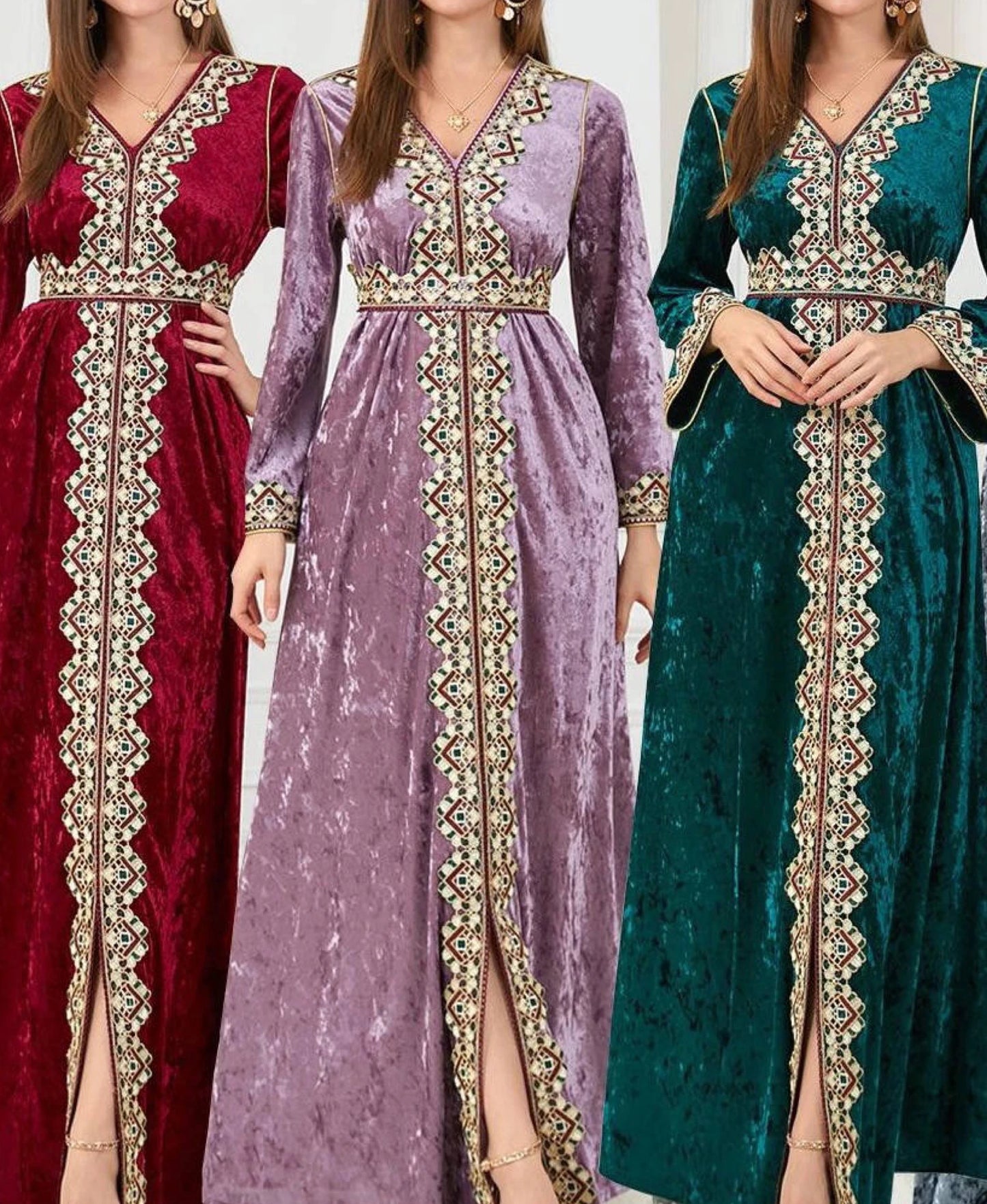 Autumn and Winter Religious Women's Muslim Long Sleeve V-Neck Embroidery Solid Maxi Standard Loose Formal Dresses