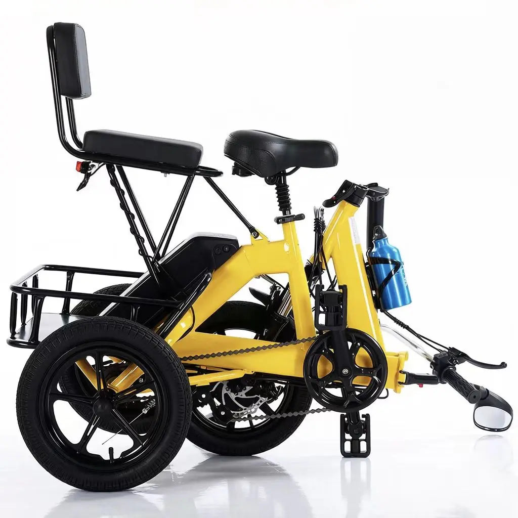 Parents and Child Blue/Yellow Color 14-inch Folding Electric Tricycle Adults Aluminum Frame Brushless Rear Hub Motor 7-Speed Gear Max Speed 25km Basket Lightweight Pedal-Assist