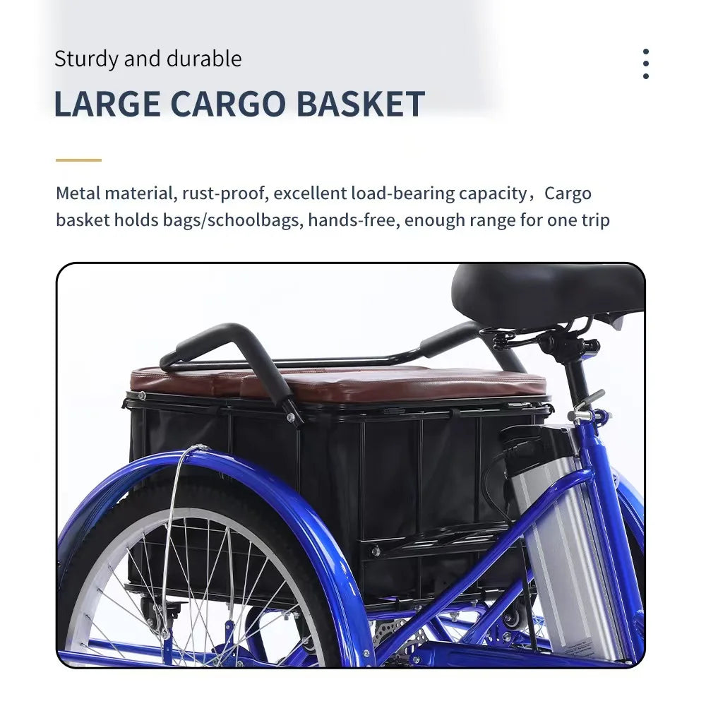 7 Speed Gears Max Speed 25Km Electric Cargo Tricycle Blue/White/Black Color Adult Utility Bike Three Wheel Delivery Bicycle Rear Carrier Storage Box Lithium Disc Pedal-Assist 3 Hours Charging Electric Bicycle