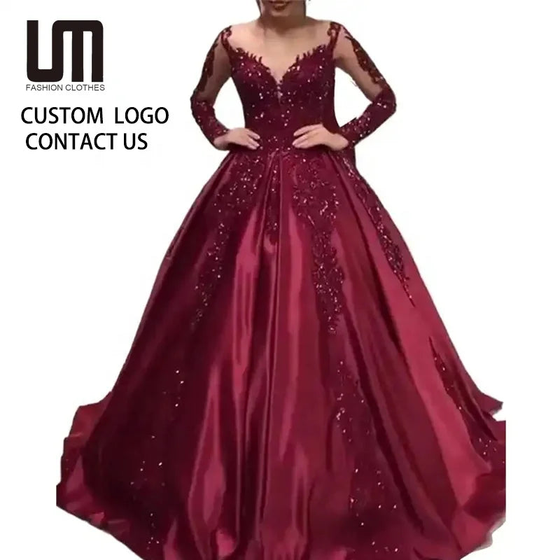 Mother of Bride Luxury Elegant Women S-2XL Red  Long Sleeve Lace Maxi Dress Formal Evening Party Prom Ball Gown Hot Selling Celebrities Ladies Luxury Apparel Supplies