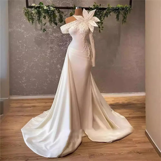 Low Price Sales are Limited Boutique HOT SALE  Luxury Beaded Illusion Bride Wedding Dresses  One Shoulder Bridal Wedding Gowns Lace Detachable Train Long