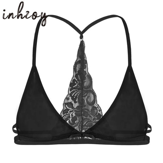 Gay Mens Sissy Bralette Bra Top Halter See-Though Lace Y-Back Cross Dresser Lingerie Costume Wire-free Unlined Nightwear