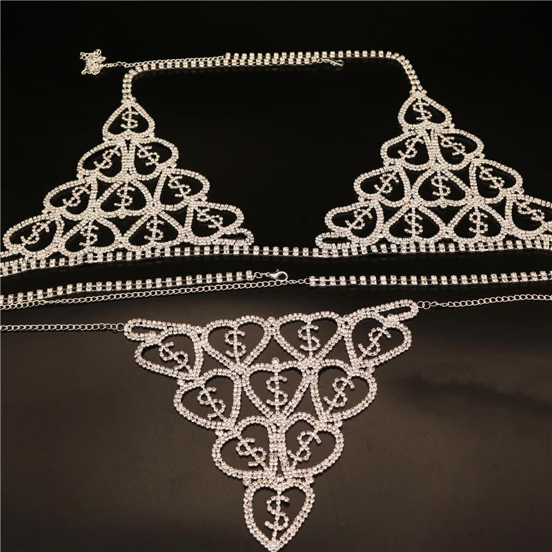 NEW !!!! Bra and Thong for Women Female Panty Set Bikinis Bodysuit Sexy Rhinestone Heart Body Chain Lingerie Set Jewelry