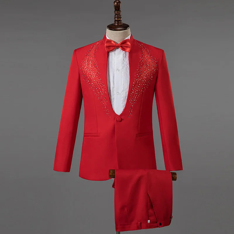 Father of Bride Men's Luxury Stand Collar Rhinestones Suit S-2XL New Fashion Embroidery Blazer Slim Set Wedding Evening Prom Party Night Business Party Celebrities Costume Gentleman Formal Apparel Supplies