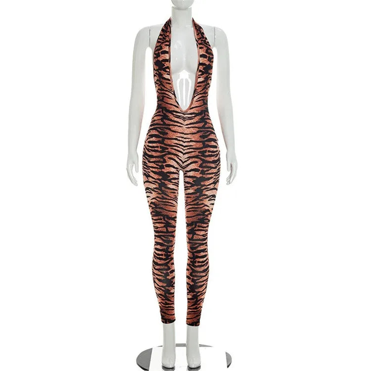 NEW Arrivals Women Halter Deep V-Neck Sleeveless Sexy Trend Tiger Print Skinny Backless Jumpsuit Evening Beach Party Night Clubwear Bodysuit Playsuit Women Sexy Apparel Accessories