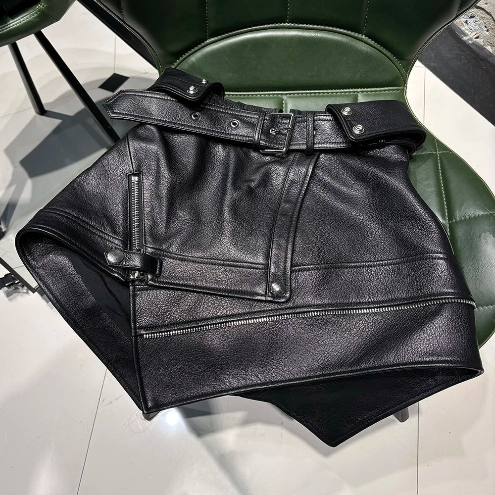 100% Sheepskin Real Genuine Leather Asymmetrical Mini Skirt Black/Burgundy/Pink Color S-3XL Plus Size Fitted Leather Skirt with Belt Women's Real Leather Skirt Autumn Spring Women Luxury Apparel Accessories