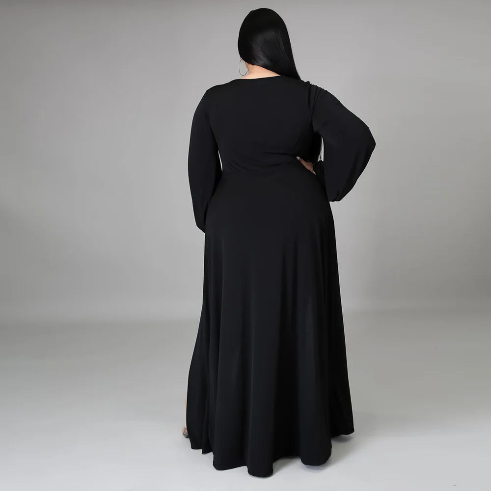 NEW Arrivals XL-5XL Plus Size Elegant Women Lace-Up V-neck Long Sleeve Sexy Plus Size Dresses 5xl Solid Color Split Fork Summer Clothes