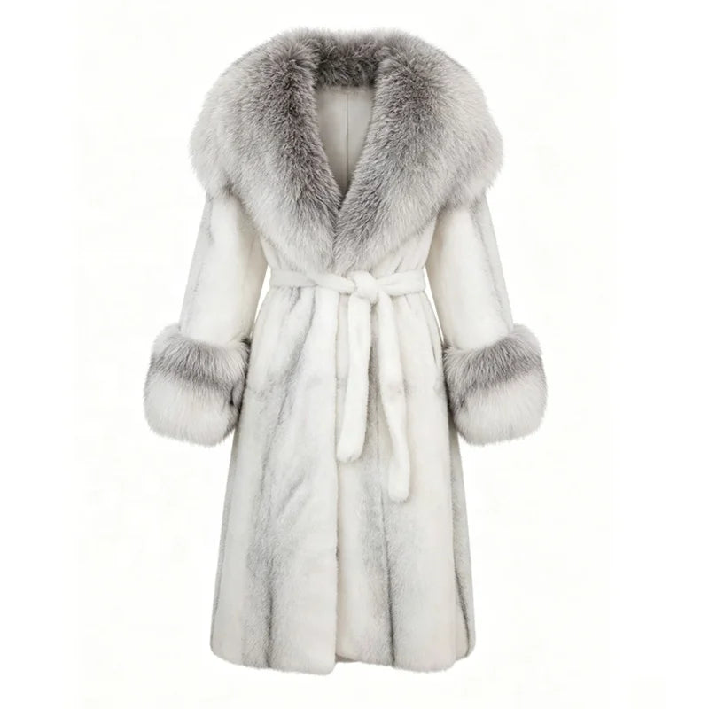 Black/White Color Women's Elegant Thick Woven Plush Artificial Fur Coat Big Lapel Fox Collar Belt Waist Long Winter Warm Eco-Friendly Plain Dyed Outerwear Windproof Long Jackets Ladies Winter Apparel Supplies.