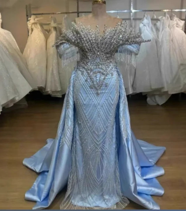 Mother of Bride S-3XL Plus Size Light Blue Satin Mermaid Wedding Dress | Luxury Off-Shoulder Full Sequin Beaded Bridal Gown with Train for Wedding Evening Party Prom Red Carpet Celebrities Luxury Gown