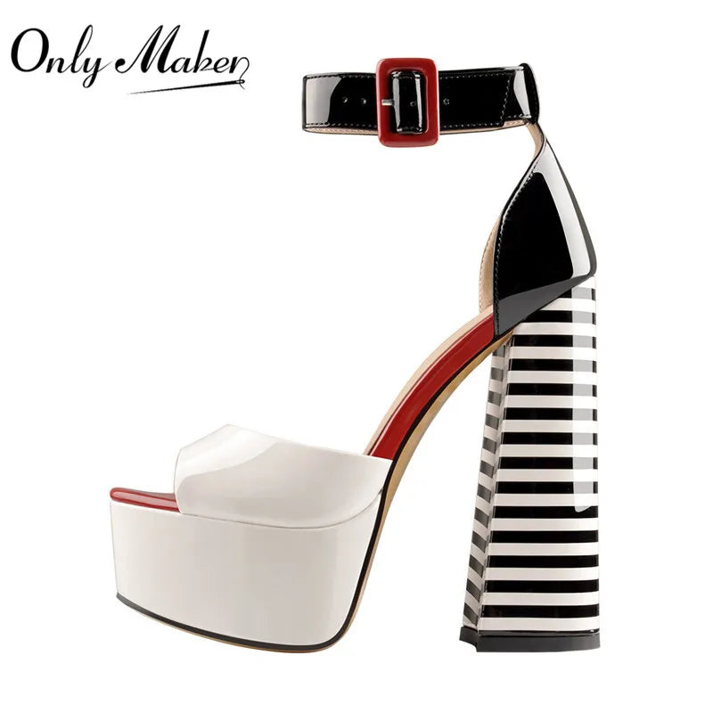 Women High Heels Shoes Sandals Platform Peep Toe Chunky Square Heels Ankle Strap Sandals Black And White Stripes Party Fashion Shoes