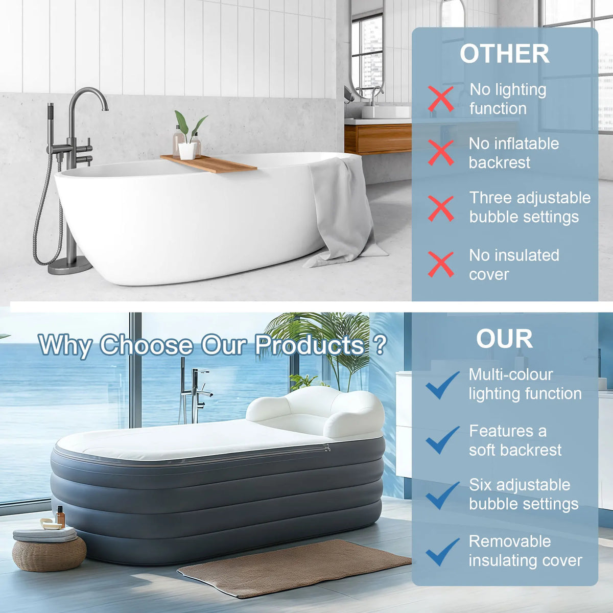 Inflatable PVC Bathtub Bubble Massage Mat Air Pump Remote Control Portable Outdoor Home Spa Bath Hot Tub Ice Bath Cold Plunge Jacuzzi Bathtub Fitness Recovery Health Care Supplies