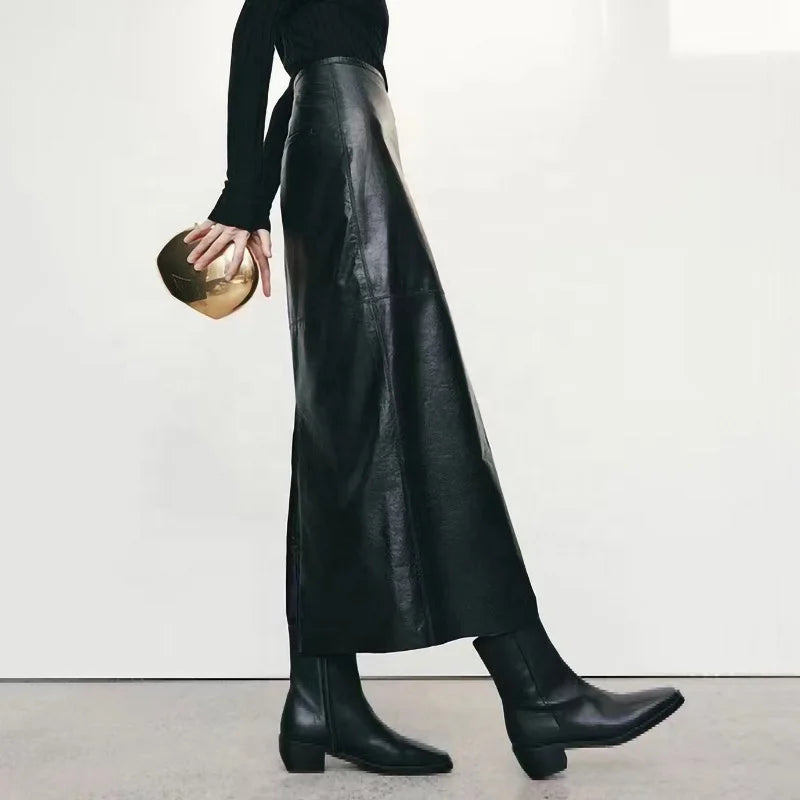 Boutique Gala HOT SALE 100% Real Suede Leather Women Maxi Length Brown/Black Color Leather Skirt Genuine Leather Autumn Spring Summer Office Lady Leather Skirt Ladies Luxury Apparel Accessories