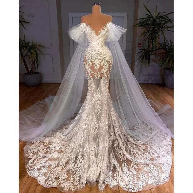 NEW Arrivals Plus Size  Custom Elegant Medieval Lace Women Wedding Dress One Piece Fashionable African Style Wedding Evening Prom Party Luxury Gown Mermaid Bride Wedding Dress