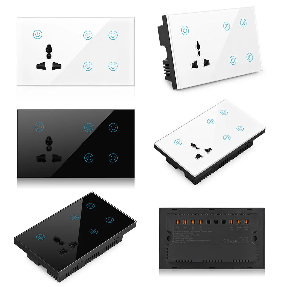 Smart WI-FI 4Gang Black/White Color Socket Touch Switch With 3Pn Electrical Multi Function Wall Mounted with Alexa Voice Google Work Home Lighting Supplies