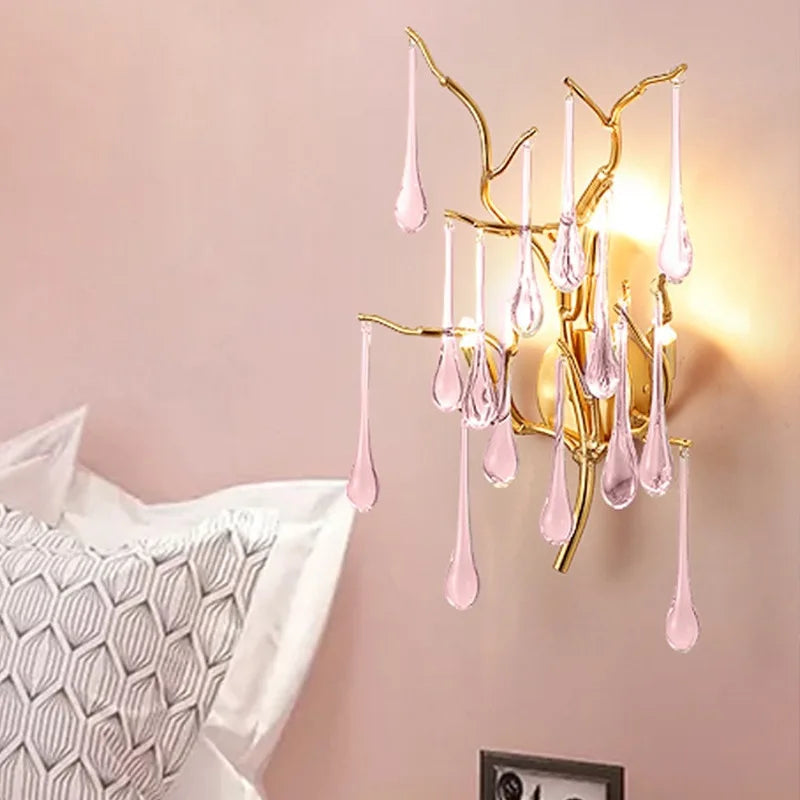 Home Villa Luxury Aluminum Branches K9 Crystal Wall Lamp Bedroom Bedside Living Wall Fitting Home Room Water Droplet Decor Bracket Light