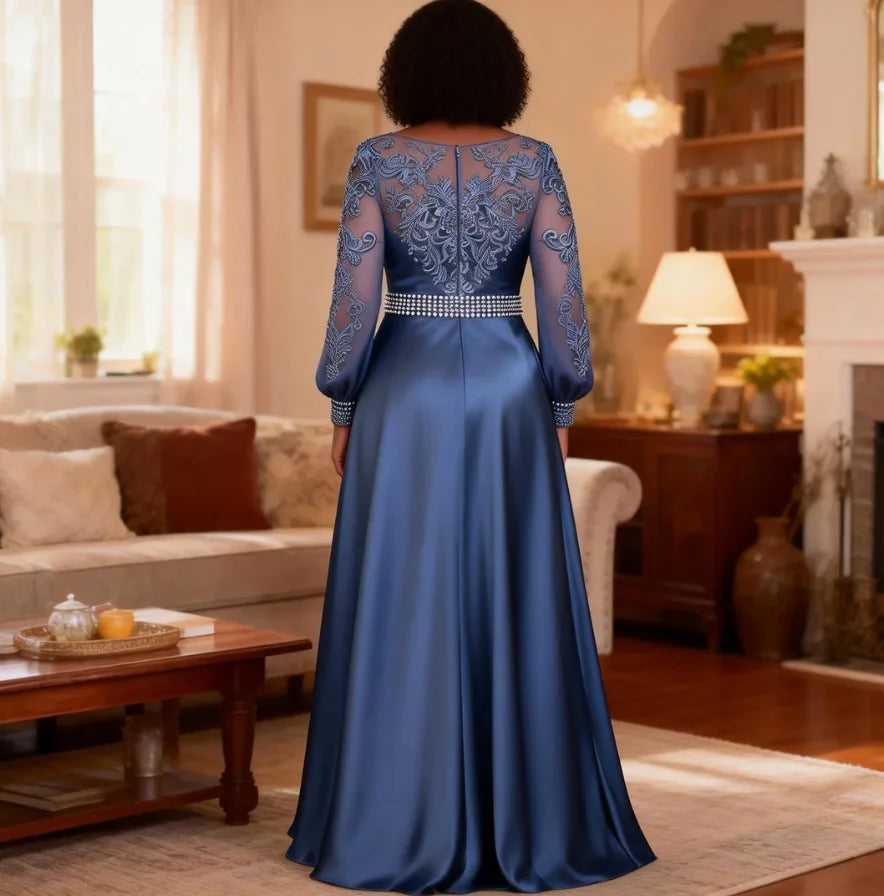 Mother of Bride Customizable Color Luxury Elegant Long Sleeve Elastic Satin Wedding Party Dresses Opera Concerts Celebrities Red Carpet Long Dress with Embroidered Lace and Beaded Waist Ladies Luxury Apparel Supplies